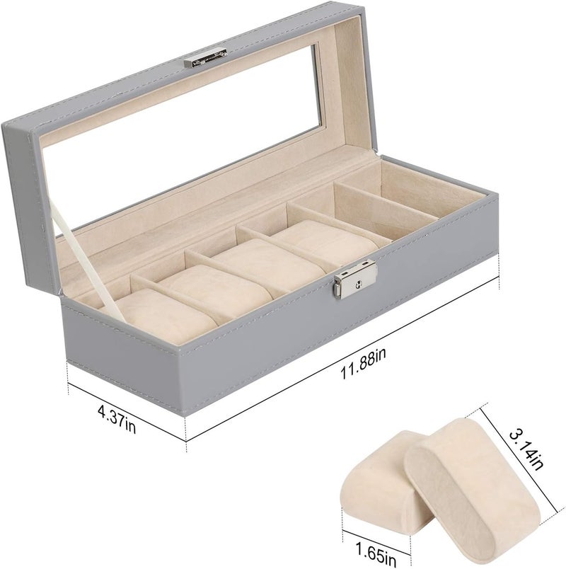 NEX Watch Case, 6 Slot Leather Watch Box Display Case Organizer Glass Jewelry Storage - Image 2